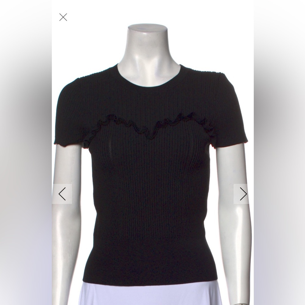 cinq a sept Black Ribbed Short-Sleeve Top with Ruffle Detail